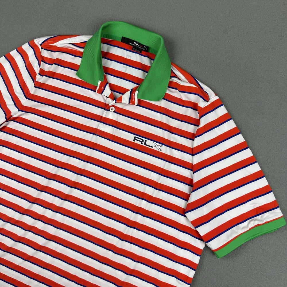 RLX Ralph‎ Lauren Shirt Mens Large Orange Striped Performance Wicking Golf Polo